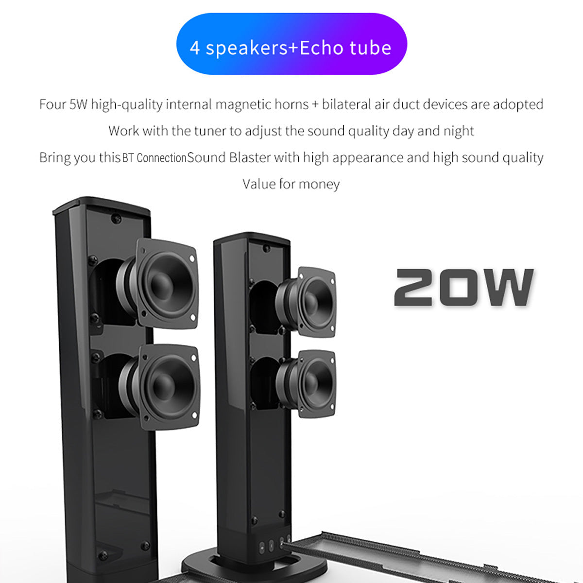 Separable All-in-One Home Theater Sound Bar, Surround Sound System TV Soundbar with 4pcs 5W Magnetic Speakers and 1pc Echo Tube, Supports Wireless, AUX Connection for PC/Gaming/Projectors, TWS, Black
