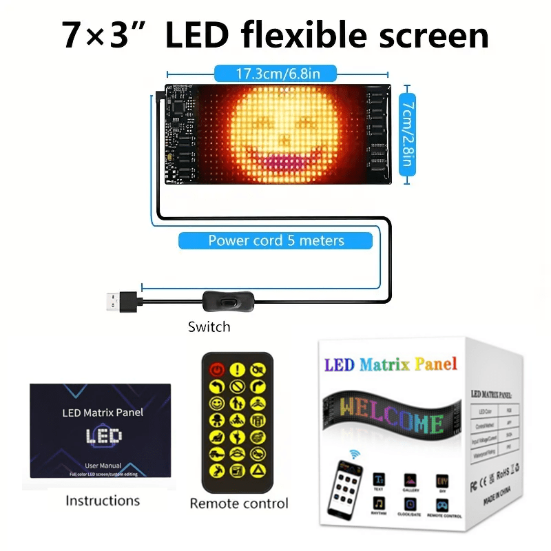 [Christmas New Year Birthday] LED Scrolling Party Sign with Car Charger, APP Programmable Animated Text Light Panel, USB Powered Smart LED Display Board with USB Adapter for Christmas, New Year, Birthday, Bar & Car Decorations