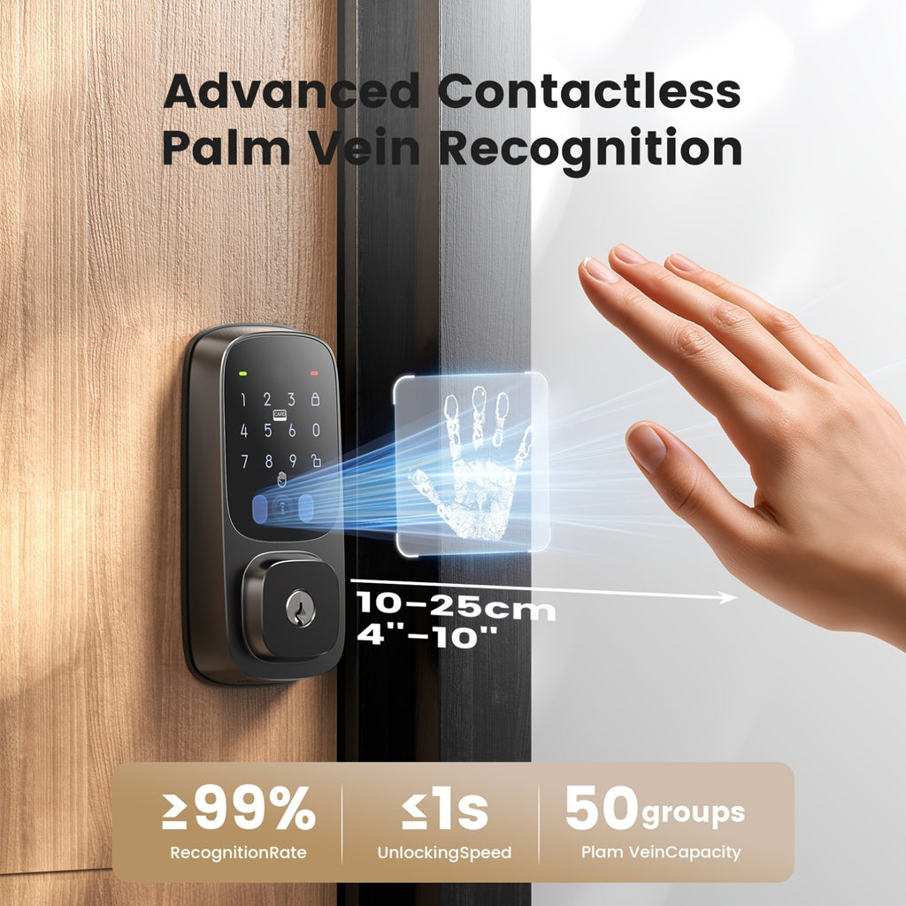 Smart Lock with Palm Vein | Keyless Entry Door Lock for Front Door, WiFi Electronic Door Lock with Keypad Deadbolt, Auto Lock, Voice Control, Compatible with Alexa & Google Assistant, Battery Powered, Rechargeable Battery