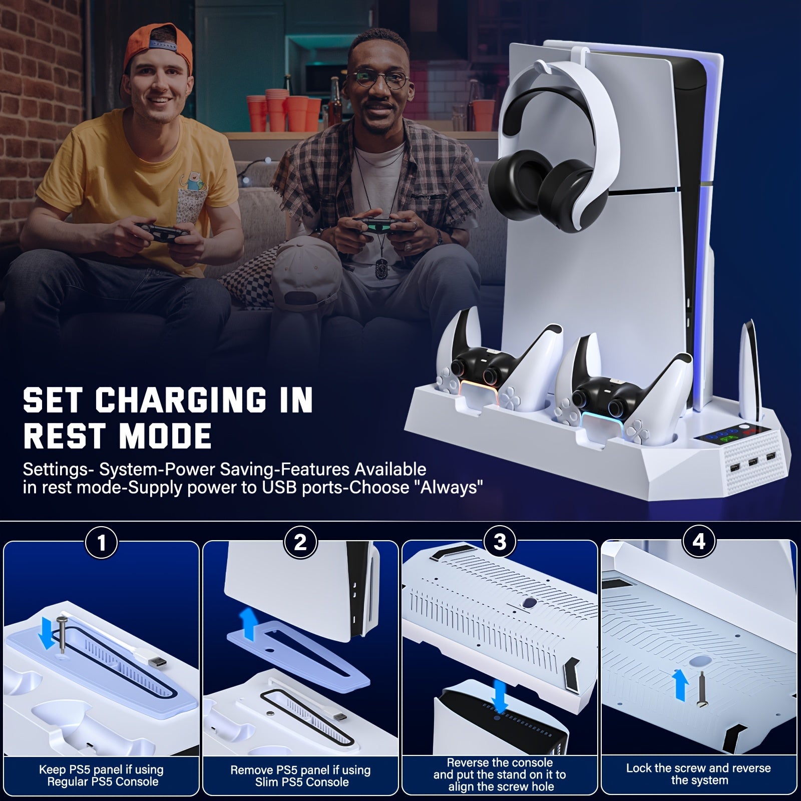 Cooling Station for PS5, Controller Charging Station for Playstation 5 Additions, for Playstation 5 Slim/ for ps5 Pro & Standard Disc/Digital Console, for PS5 Accessory Incl, Controller Charger/Turbo Fan/3 USB Hub/Headset Holder