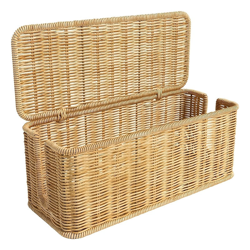 Desktop Cable Management Box with Lid & Imitation Rattan Woven Cover - Cord Suitable for Power Strips, Outlet Cover, Cable Storage Box for Home Office,, Desk - Cord Concealer for Power Strip, Data Cable Holder, Space-Saving