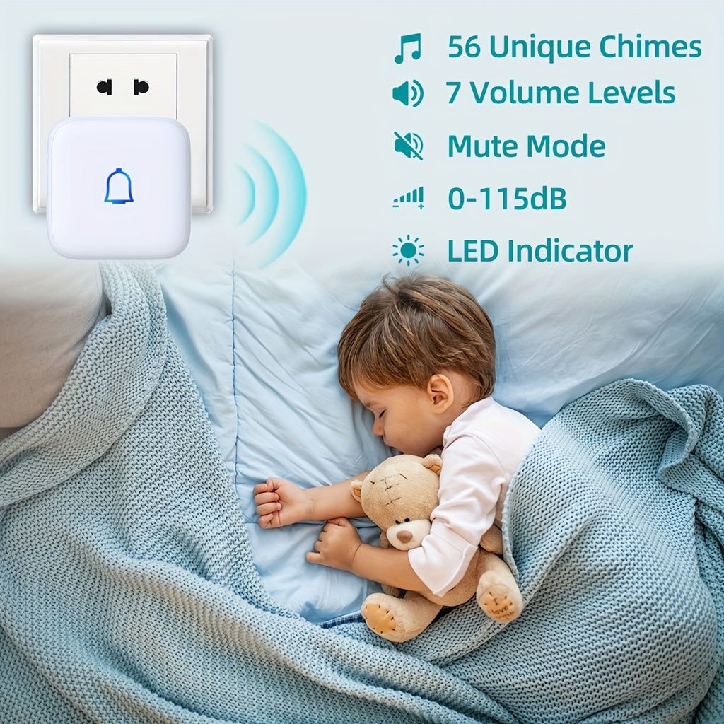 Wireless Doorbell 115dB with 56 Chimes Door Bell Ringer Wireless 1000ft Range Battery Doorbell Chime Kit 7 Levels Volume Mute Mode Doorbells for Home Kid Room Office 1 Button+2 Bell Chime