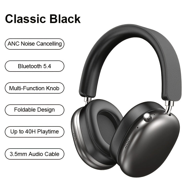 Over-Ear Wireless Headphones, ANC Noise Cancelling Wireless 5.4 Headphones, 40H Playtime Hi-Fi Stereo Deep Bass Foldable Headset with Mic for Work Travel Daily Use