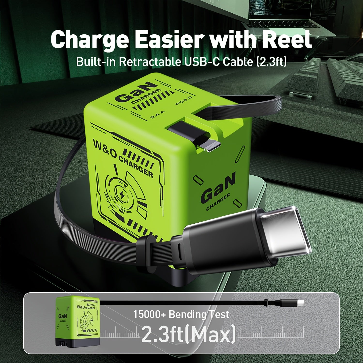 [Christmas Gift] Portable 66W/120W Gan Fast Charger With Retractable Cable And Foldable Plug, With Portable Retractable Charging Plug, Travel Adapter For Iphone 17/16/Pro/Pro Max/15/14, For Galaxy/Ultra Series - Green/Yellow/Black - Christmas Gift