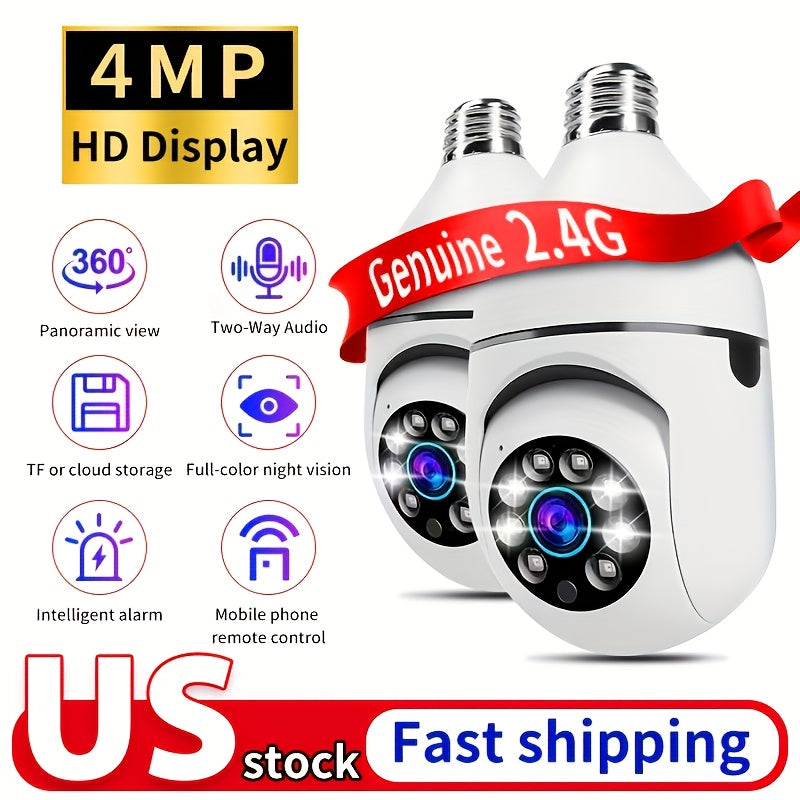 2pcs 4MP Light Bulb Security Cameras, IP54 Protection Rating, Full-Color Night Vision, Motion Detection, Two-Way Audio, E27 Thread WiFi Camera, Wide-Angle Lens, Real-Time Video Streaming And Remote Monitoring,