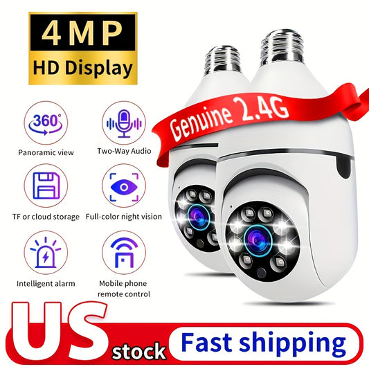 2pcs 4MP Light Bulb Security Cameras, IP54 Protection Rating, Full-Color Night Vision, Motion Detection, Two-Way Audio, E27 Thread WiFi Camera, Wide-Angle Lens, Real-Time Video Streaming And Remote Monitoring,