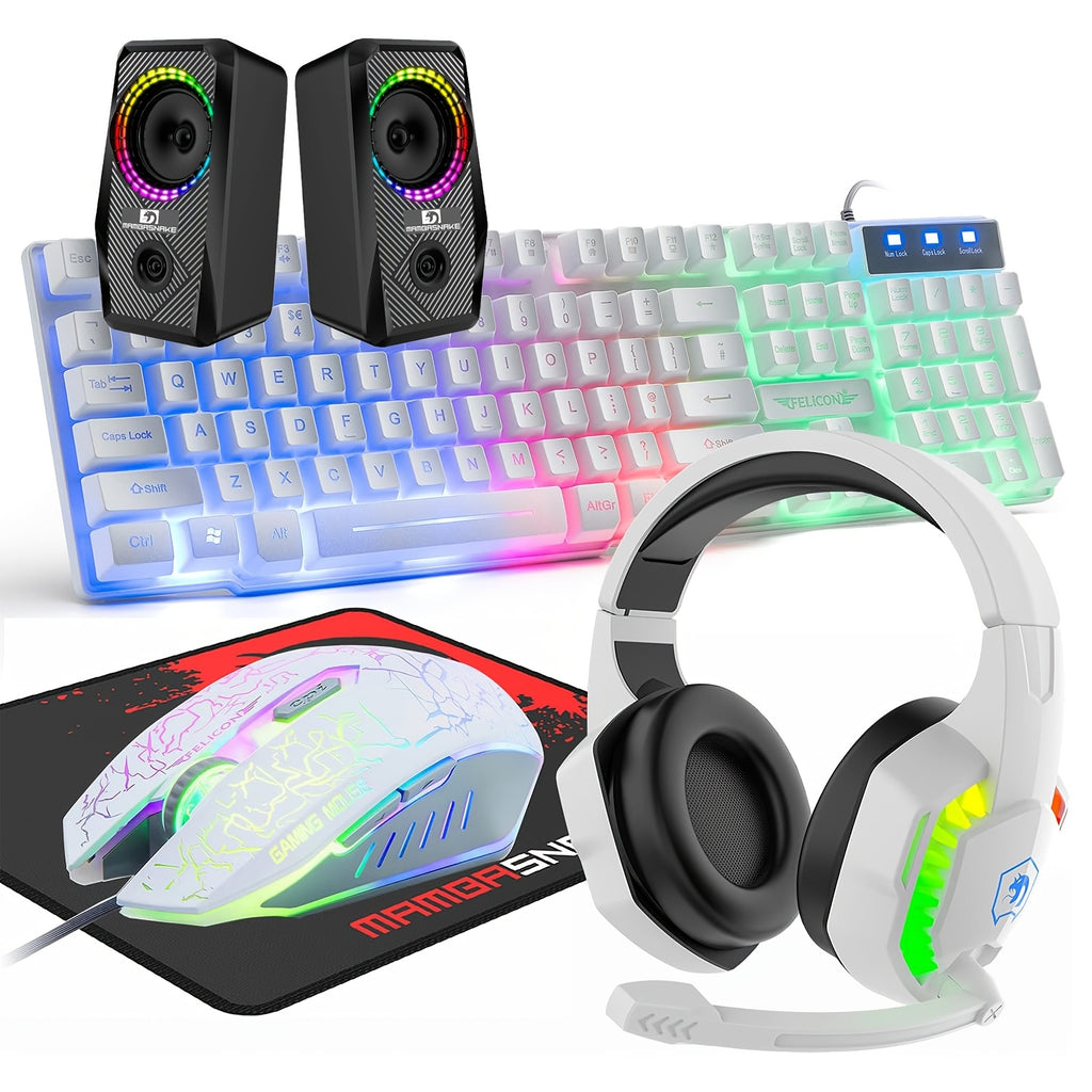 MAMBASNAKE Wired 104 Keys Gaming Keyboard Mouse Headphone Speaker 5in1 Combo with Multi RGB Backlight 2400DPI Mice Large Mouse Pad for Computer PC Gaming Mac PS4 Xbox One for new year gift