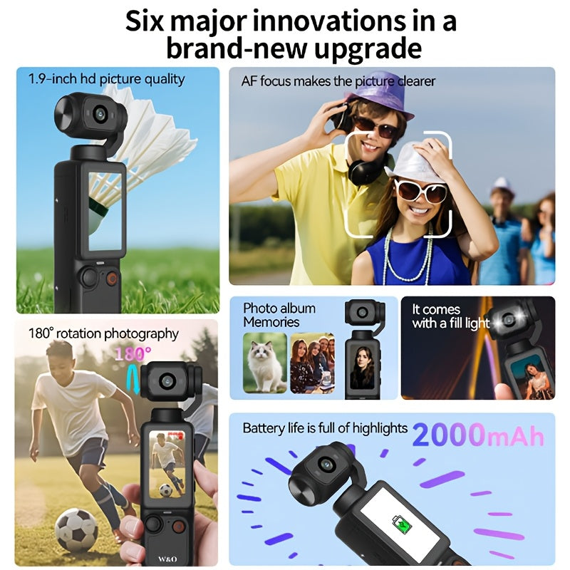 4K UHD 180° Rotating Lens Anti Shake Action Camera with 1.9 Inch Screen, Vlogging Camera, 2000mAh Battery, Lightweight for Vlogging & Travel - Perfect Gift for Halloween & Christmas, Vlogging Equipment, Sleek Design, Durable Construction