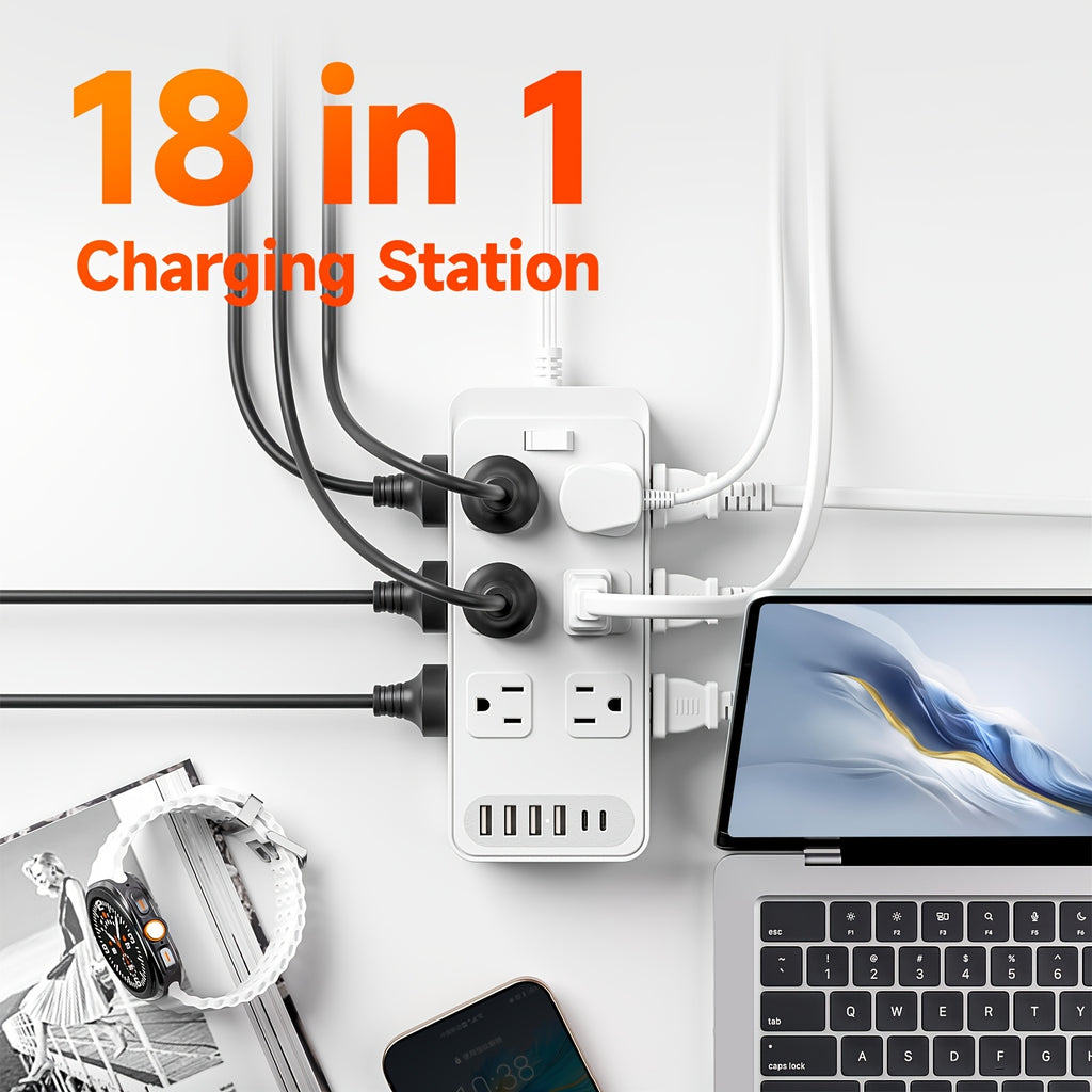 Compact Power Strip Surge Protector, 18in 1 Charging Station, with 12 AC Outlets and 6 USB Charging Ports (4 USB A & 2 USB C), Flat Plug, 5ft PVC Extension Cord, Fire-Resistant Suitable for Home, Office And Travel