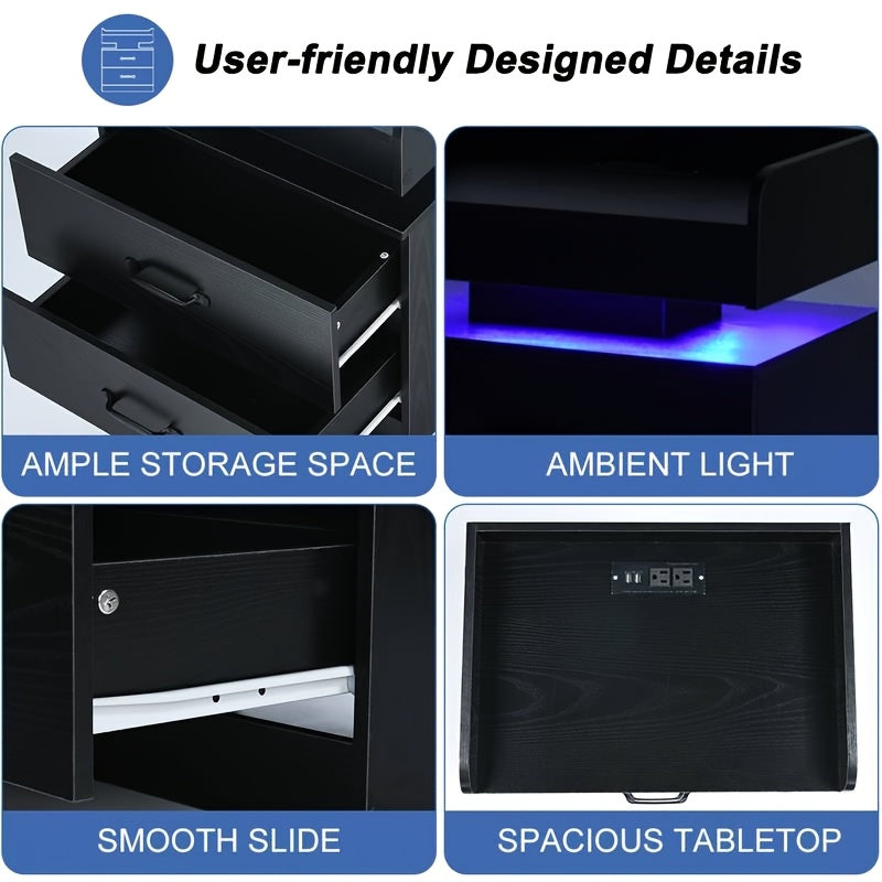 Modern LED Bedside Table with Charging Station, Wooden Bedside Table with Fabric Drawers And Blue LED Lighting, Stylish Bedroom Or Living Room End Table, Ambient Lighting Furniture with Fashionable Design And Multifunctional Drawer Design Gifts.