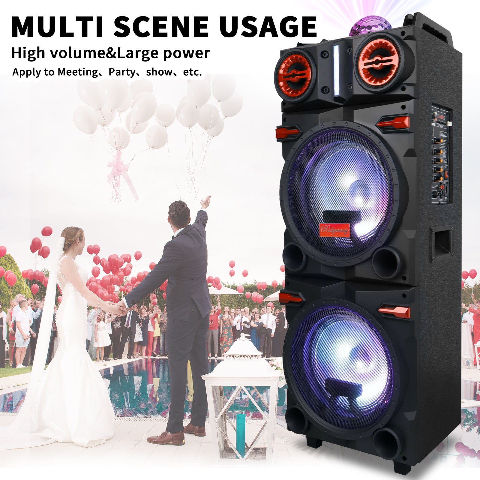 Sound Portable Party Bluetooth Speakers Loud Sound Powerful, DJ Sound Stereo Loud Bass Karaoke Machine with Sound Reactive Party Lights, USB/SD Input and Telescopic Pull Rod, Remote Control