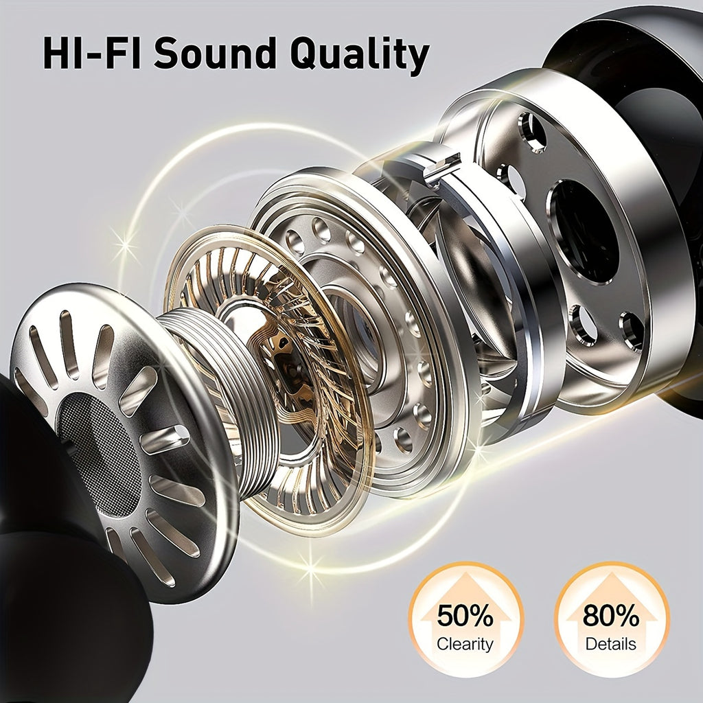 Completely Wireless Earbuds Featuring ENC Noise Cancellation, Touch Controls, Wireless Sports Earhooks, And an LED Display Charging Case. They Are Compatible with Mobile Phones, Support Type-C Charging