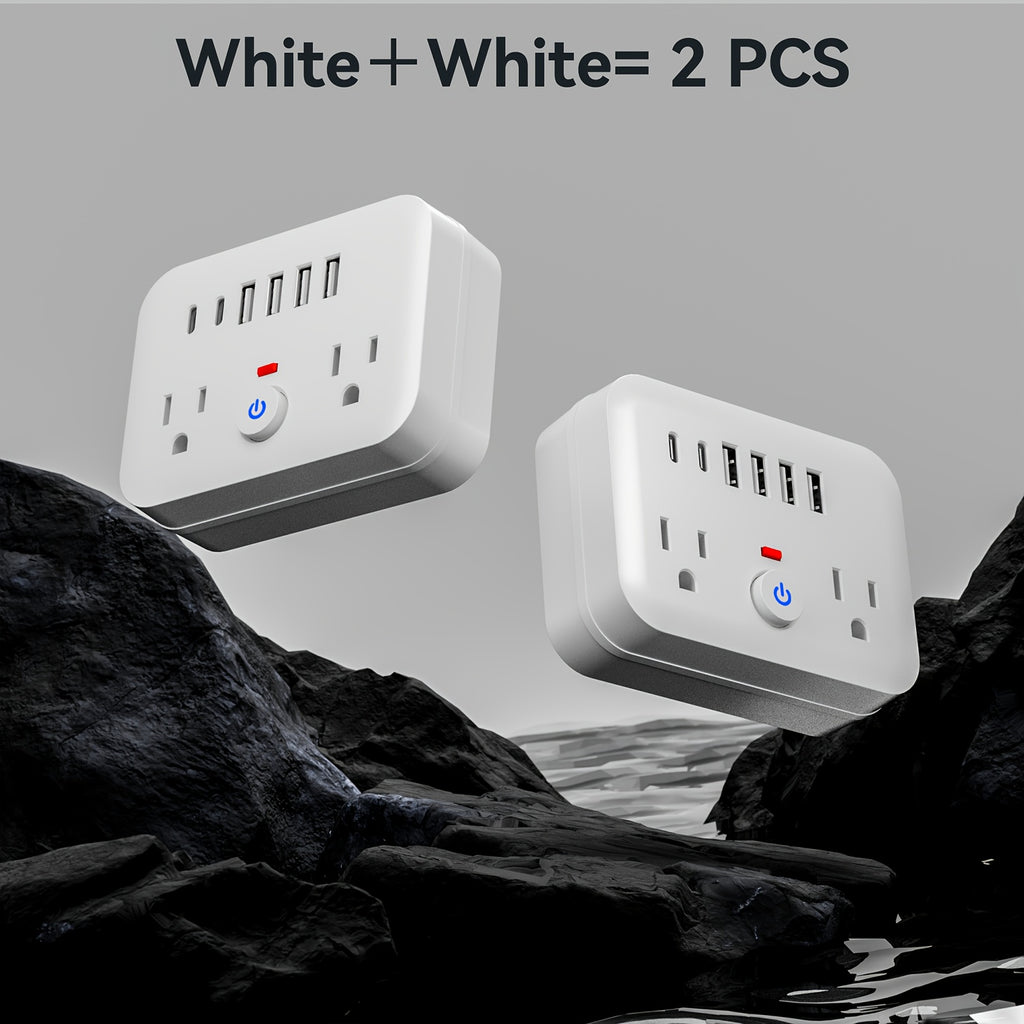 Mini Portable Surge Protector Power Strip, 8-in-1 Multifunction with 2 Outlets, 4 USB Ports, 2 USB-C Jacks, Overload Protection, US Plug, Wall-Mounted for Home, Travel, Office - Black & White, Travel Accessory | Sleek Black Design | Multi-port Surge