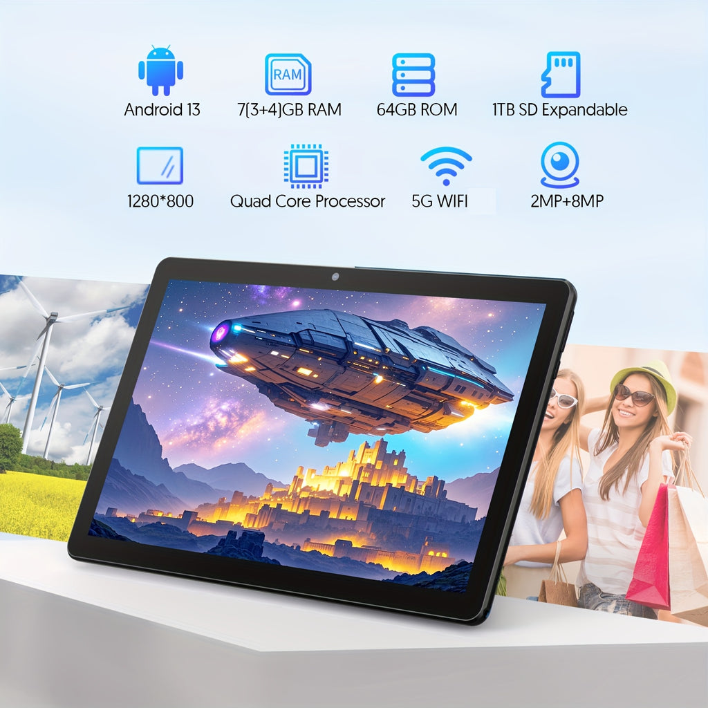 10-Inch Android 13 Tablet | Quad-Core CPU, 7GB (3+4) RAM, 64GB ROM, 1TB SD Card Expansion, 6000mAh Battery, 2MP+8MP Dual Camera, 1280x800 IPS Screen, Wi-Fi, Optional Keyboard, Mouse, Styl, Tablet, Pad, Tablet, Pad