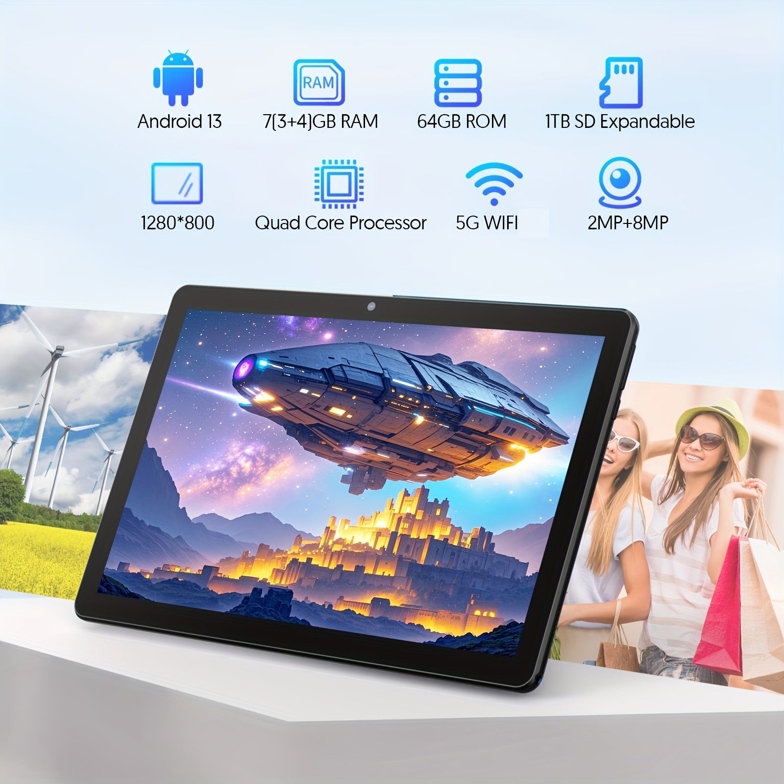 10-Inch Android 13 Tablet | Quad-Core CPU, 7GB (3+4) RAM, 64GB ROM, 1TB SD Card Expansion, 6000mAh Battery, 2MP+8MP Dual Camera, 1280x800 IPS Screen, Wi-Fi, Optional Keyboard, Mouse, Styl, Tablet, Pad, Tablet, Pad