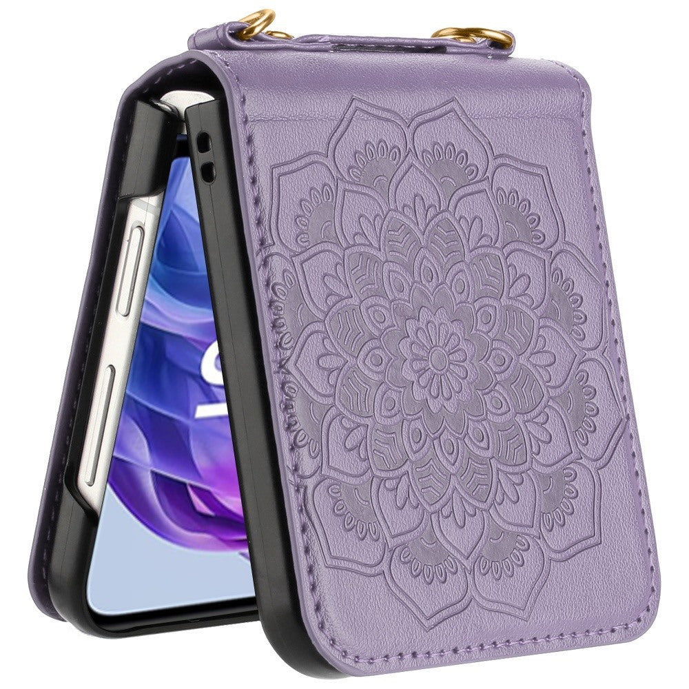 For Motorola Razr 2024 / Motorola Razr+ Plus 2024 Phone Case, Flower Embossed Floral Henna Mandala Design PU Leather Strap Lanyard Hybrid Protective Cover