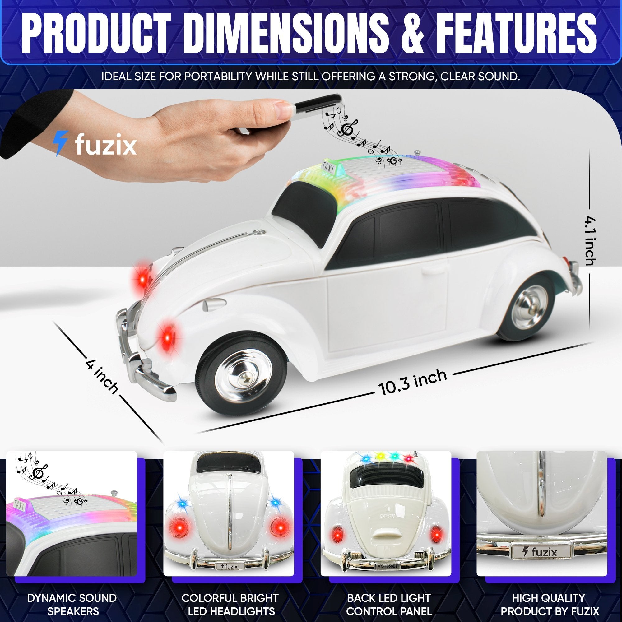 Fuzix WS-1958 Car Bluetooth Portable Speaker, Retro Car-Style Wireless Stereo Speaker with LED Headlights and Taillights, AUX/USB/TF/FM Radio Support, Rechargeable Battery, Clear and Powerful Sound Quality, Multiple Playback Modes, High-Quality Festival G