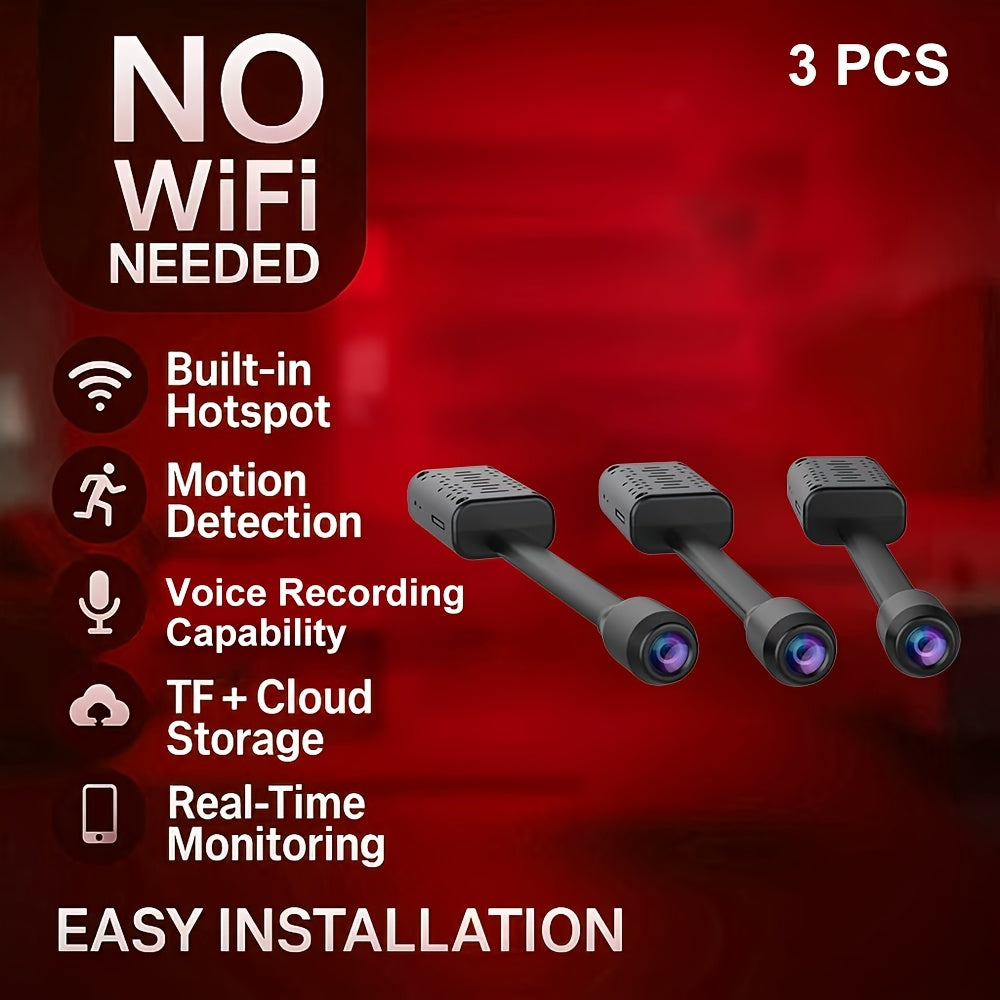 3PCS 2.4G Full HD 1080P Security Camera Set, Motion Detection And Audio Recording Function, Built-in Hotspot In Camera, Supports No WiFi Close Range Real-Time Viewing, Supports Cloud Storage And SD Card Storage, Easy to Install, USB Plug-In Power