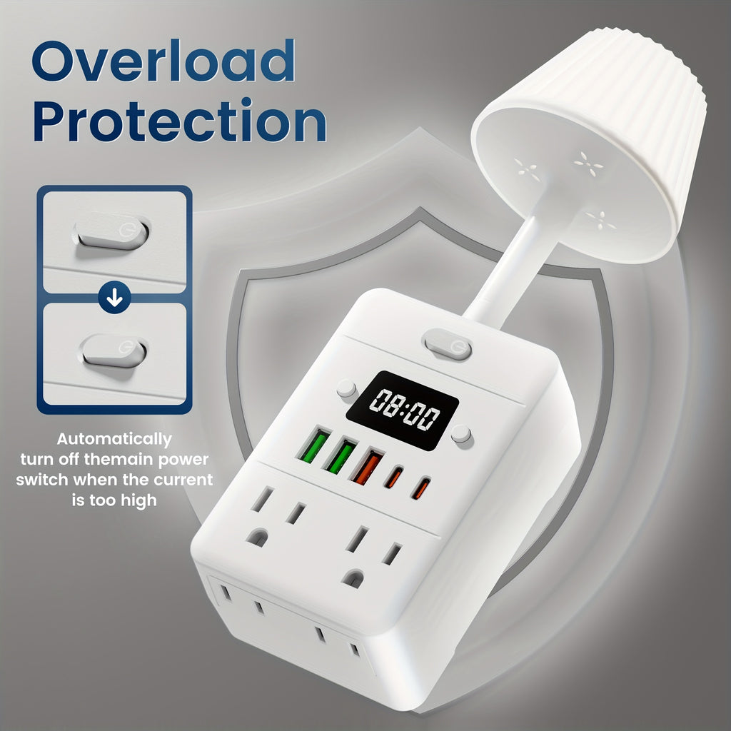 11-In-1 Multifunctional Power Strip with Built-In Overload Protection. 1 Desk Lamp, 1 Digital Display Clock, 4 Power Outlets, 3 USB-A And 2 USB-C. Power Extender, Power Outlet Converter, Wall-Mountable Desktop Charging Station for School, Home