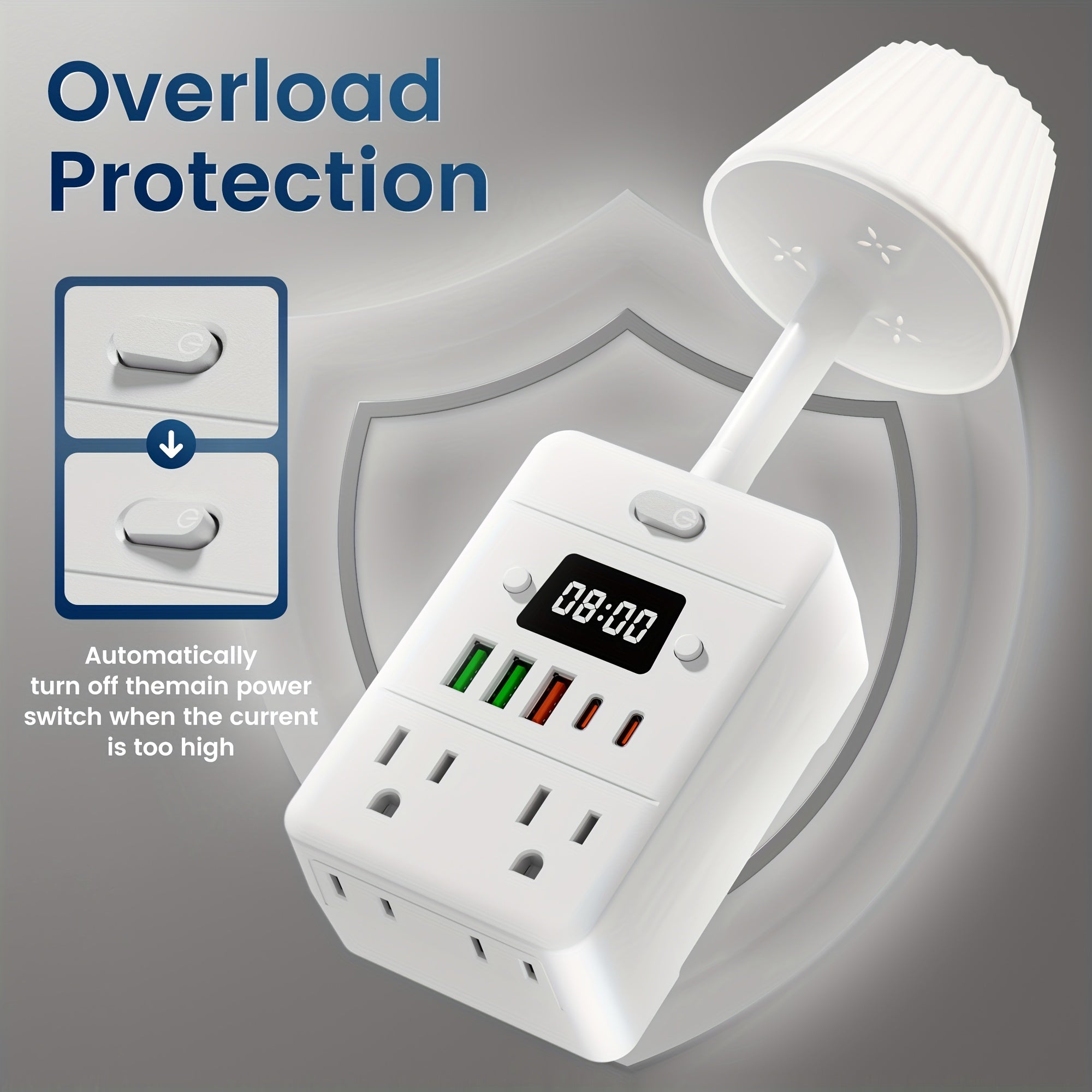 11-In-1 Multifunctional Power Strip with Built-In Overload Protection. 1 Desk Lamp, 1 Digital Display Clock, 4 Power Outlets, 3 USB-A And 2 USB-C. Power Extender, Power Outlet Converter, Wall-Mountable Desktop Charging Station for School, Home