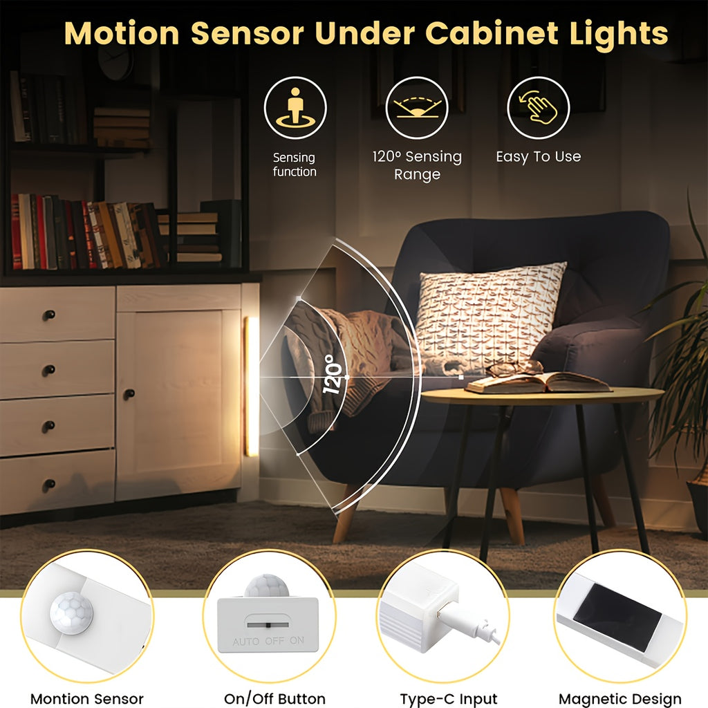 [USB Rechargeable Motion Lights] 6pcs Smart LED Motion Sensor Lights, LED Indoor Lighting Strips with USB Rechargeable Magnetic Night Lights, Sizes 3.94In/7.87In/11.81In, Detachable Cabinet Lights, Motion Sensors, Indoor Motion Lights, Stair Lighting, She