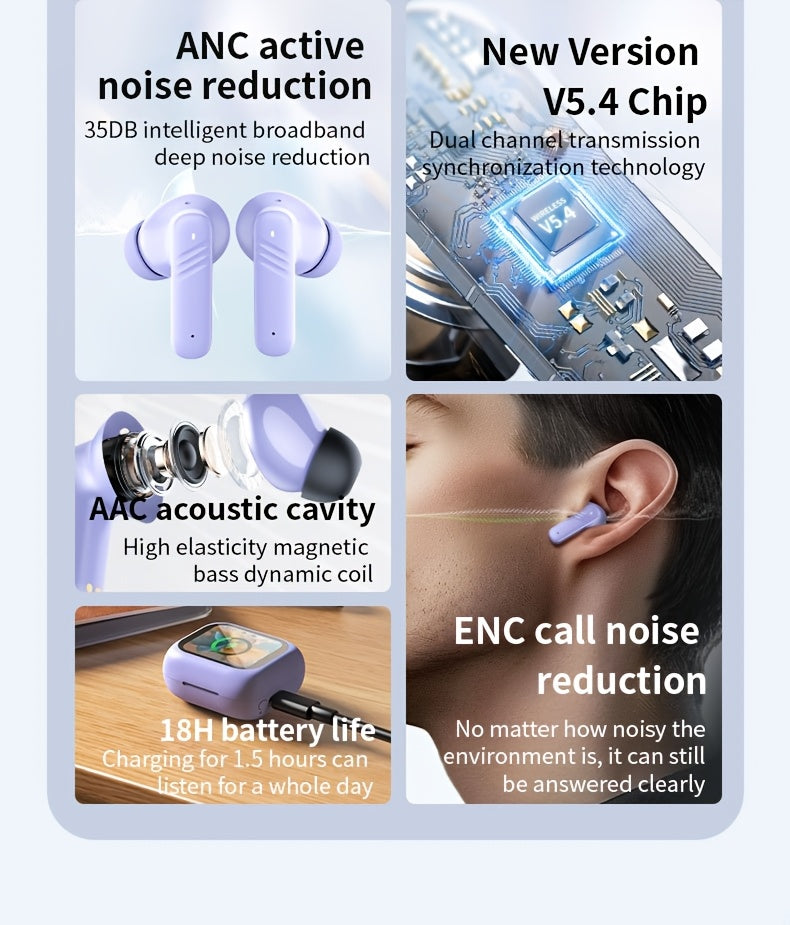 Smart Earphones With Touchscreen, Touch Screen Earbuds, Wireless Headphones Wireless 5.4, Touch Buds With LED Screen, ANC/ENC Noise Cancelling, 48H Playtime, For Work, Sport