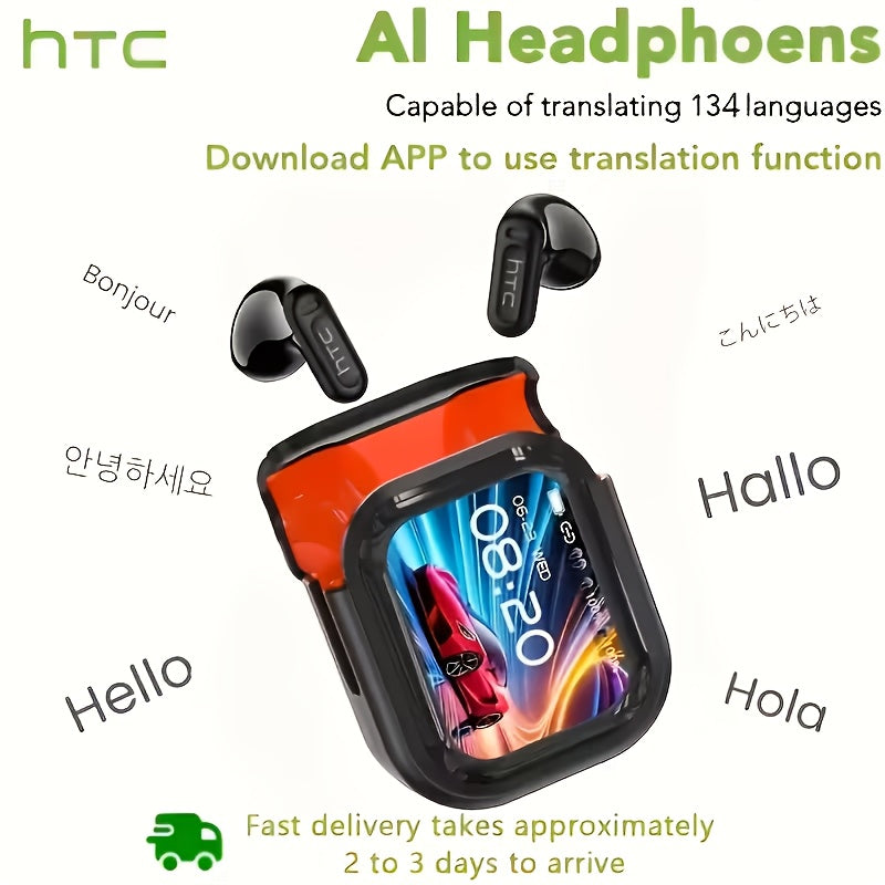 HTC NE20 AI Translator Headset with Real-Time Translation in 131+ Languages, Wireless 6.0 Wireless, Long-Lasting Battery, Touch Control, Smart LCD Screen, Gaming Mode, Compatible with PC/Phone/Tablet - for Travel, Gaming, Business, Everyday Use - Lightwei
