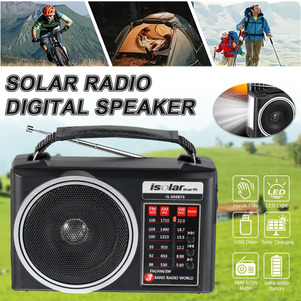 Solar-Powered Portable Radio with Digital Speaker, AM/FM/SW/Tuner, MP3 Player, USB Charging, LED Lights,, Solar Panel Compatible, Durable Outdoor Radio for Camping, Hiking, Emergency - Compatible with Smartphones & USB Devices, One-Touch Recording, Ergono