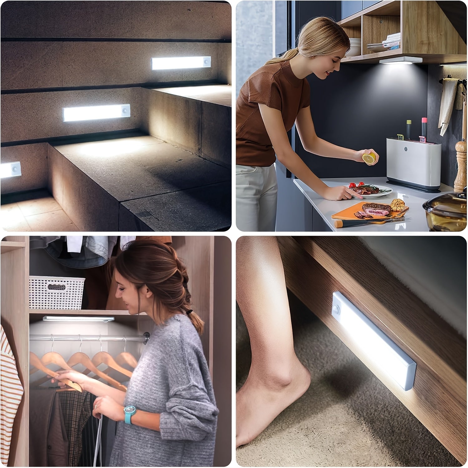[USB Rechargeable Motion Lights] 6pcs Smart LED Motion Sensor Lights, LED Indoor Lighting Strips with USB Rechargeable Magnetic Night Lights, Sizes 3.94In/7.87In/11.81In, Detachable Cabinet Lights, Motion Sensors, Indoor Motion Lights, Stair Lighting, She