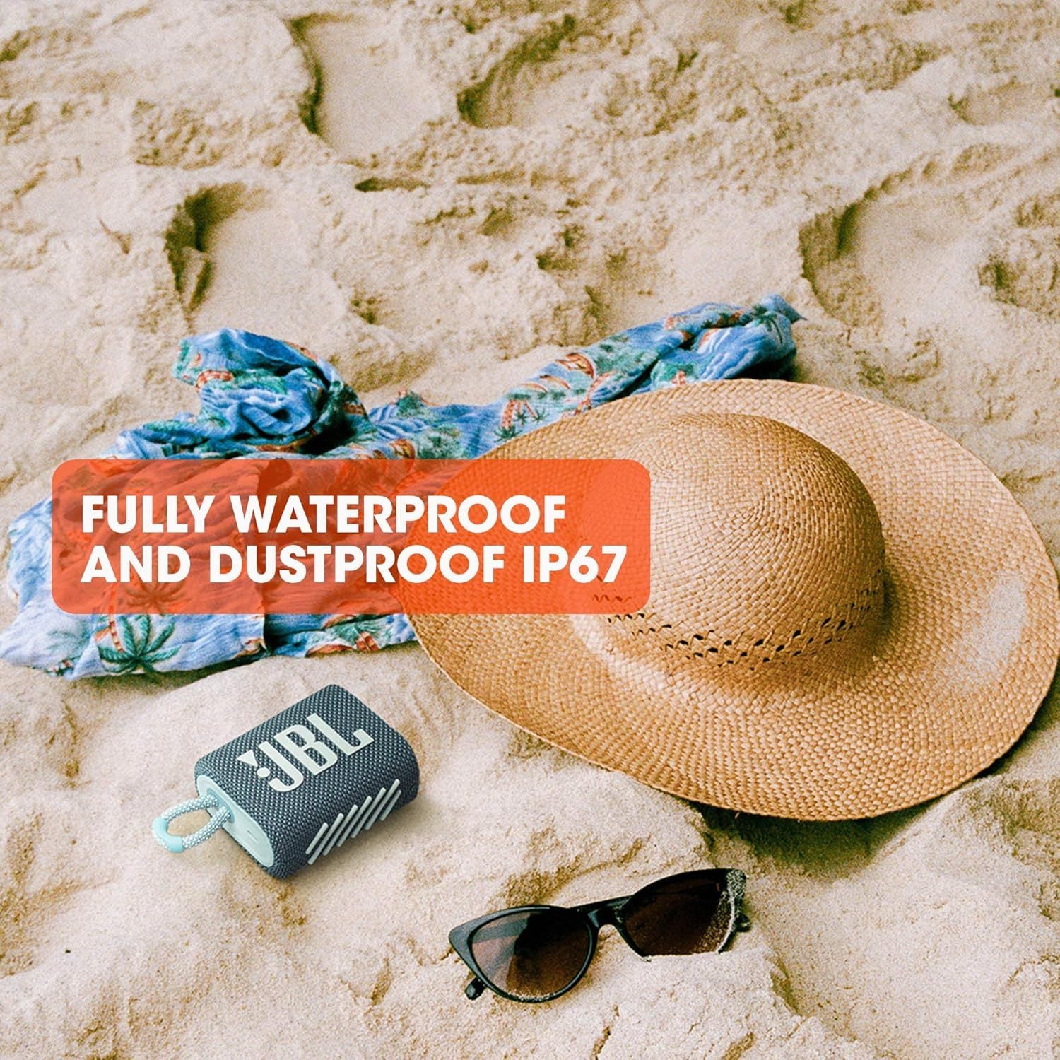 JBL Go 3 Portable Mini Bluetooth Speaker – Big Audio & Punchy Bass in a Pocket-Size Design, IP67 Waterproof & Dustproof for Shower/Beach/Pool, Up to 5 Hours Playtime per Charge, Rugged Fabric & Durable Housing, Integrated Carry Loop, USB-C Fast Recharge,