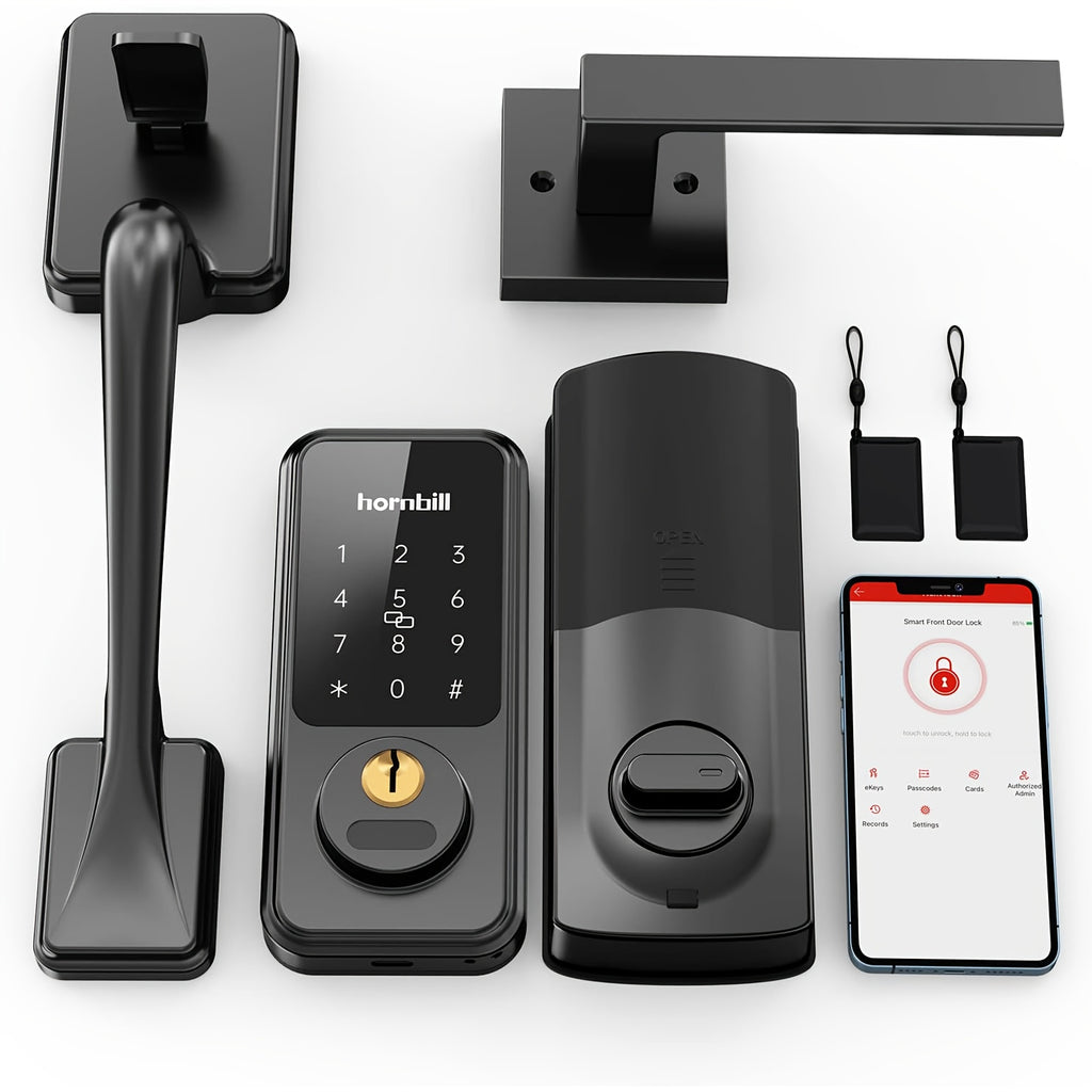 Hornbill Smart Front Door Lock Set, Keyless Entry Door Lock with Handle, Electronic Keypad Deadbolt Lock, Alexa Front Door Handle Set, Digital Lock Via Bluetooth APP/Keyfob/Auto Lock-Matte Black