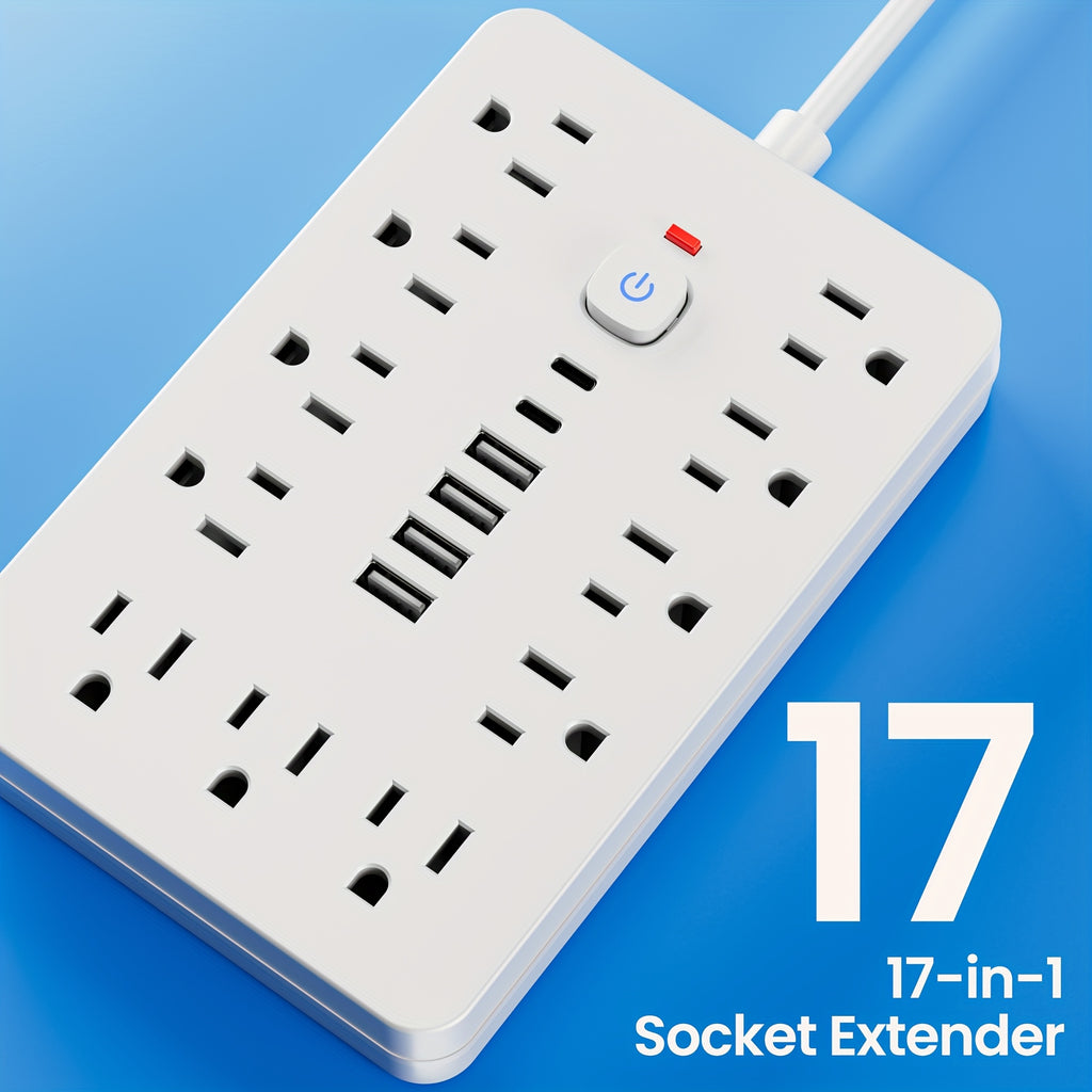 17-in-1 Flat Plug Power Strip Surge Protector with 11 Spacious AC Outlets and 6 USB Ports (including 2 Type-C) with Overload Protection
