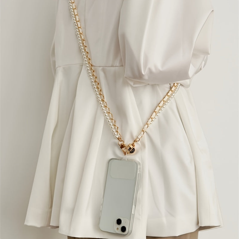 [Fashionable Phone Strap] Fashionable White Pearl Leather Double Chain Crossbody Phone Case Accessory | Portable Hanging Chain for Smartphone, Phone Strap and Wristband