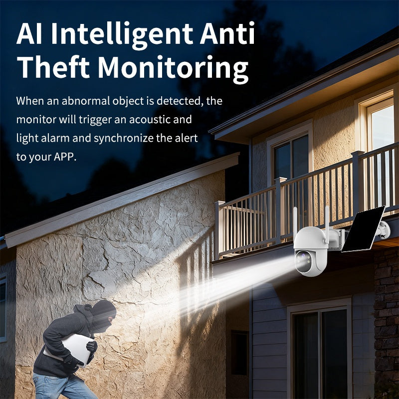 A Solar-Powered Security Camera Featuring AI Detection, Sound And Light Alerts, App-Controlled Pan/Tilt Functionality, Color Night Vision, Wi-Fi Connectivity, 3MP HD Resolution, Two-Way Audio, Encrypted Cloud Storage, Water Resistance
