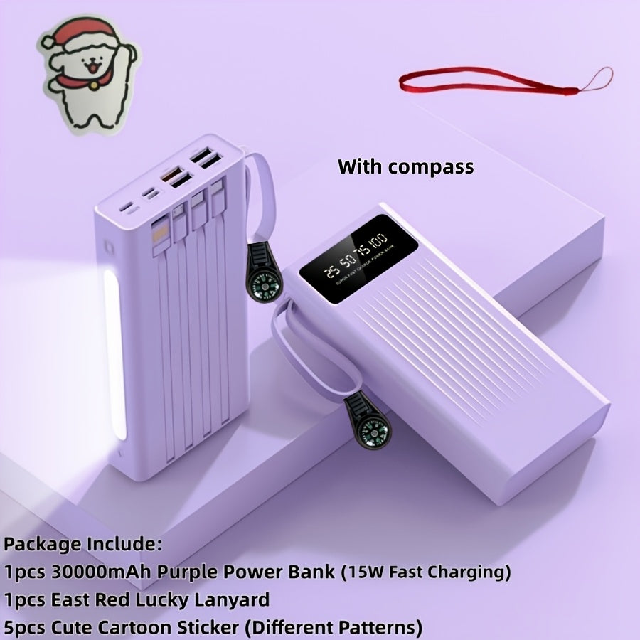10000/20000/30000mAh Super Large Capacity Portable 5W Slow Charging/15W Fast Charging Power Bank, High Appearance Business Minimalist Style, Build With 4 Cables, 4 Modes Ultra-bright Camping Lights, Travle Must Have, For Iphone Android