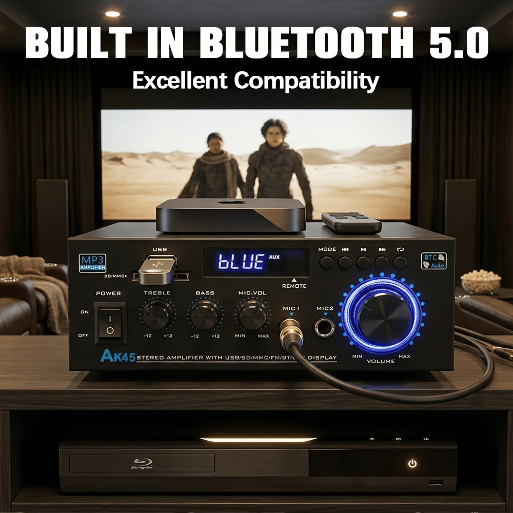 [Bluetooth 5.0 Amp] AK45 Bluetooth 5.0 Audio Receiver, 400W 2 Channel Power Amplifier System, Home Stereo Karaoke Amp With FM Radio, USB, MMC & SD Card Player, Support Passive Ceiling/Garage/Home Theater Speakers