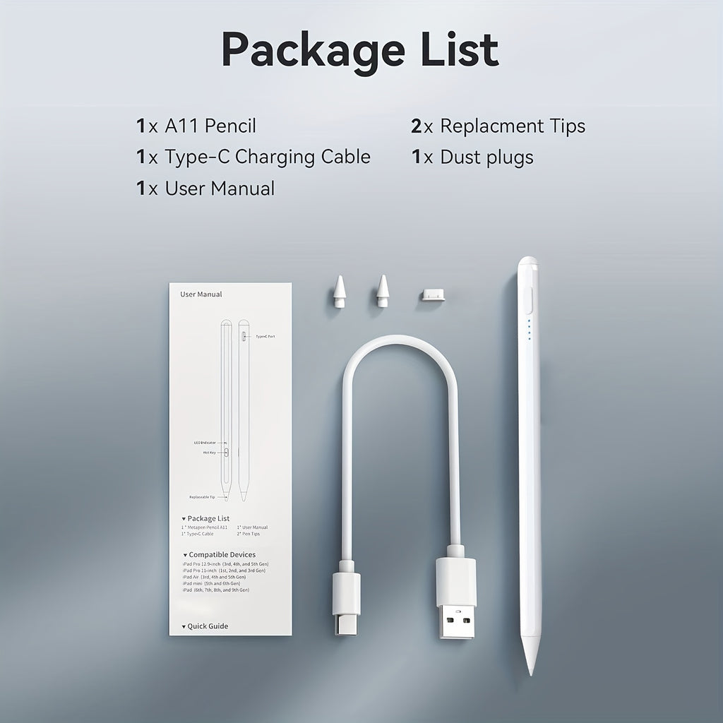 Stylus Pen for Ipad And Android Tablets (With Palm Rejection And Tilt Sensor) - USB-C Input, Apple Pencil Compatible with for Ipad 6/7/8/9/10, Pro 12.9/11"/M4, Air 3/4/5/6, Mini 5/6 (White/Black), Works with Android Tablets