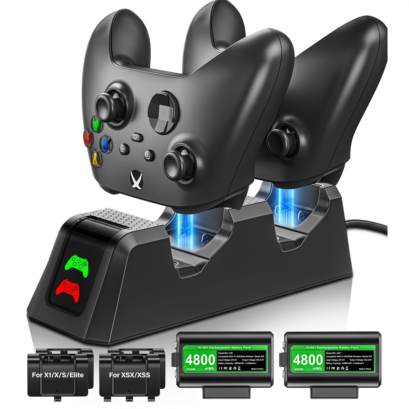 Charger Station with 2 Packs 4800mWh Rechargeable Battery for Xbox Series X|S/for Xbox One S/One X/One Elite Controller, Charging Dock with 4 Packs Covers