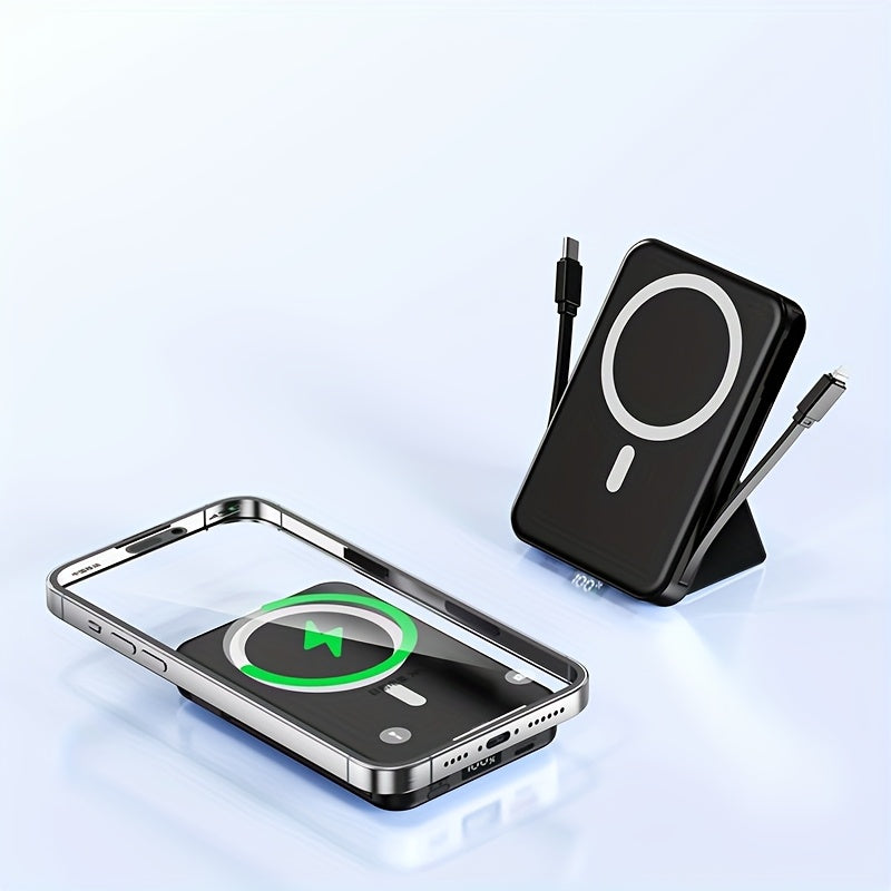 Power Bank Mini, Super Fast Charging PD22.5W Wireless Charging 15W Magnetic Fast Charging, Built-in 2 Cables with Stand And Digital Display Battery Level, 10000mAh, Universal USB Portable, Suitable for Airplane Travel Mobile Phone