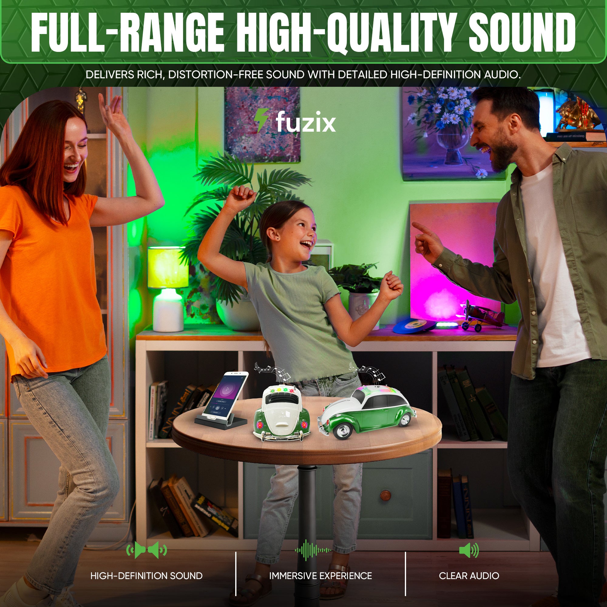 Fuzix WS-1958 Car Bluetooth Portable Speaker, Retro Car-Style Wireless Stereo Speaker with LED Headlights and Taillights, AUX/USB/TF/FM Radio Support, Rechargeable Battery, Clear and Powerful Sound Quality, Multiple Playback Modes, High-Quality Festival G