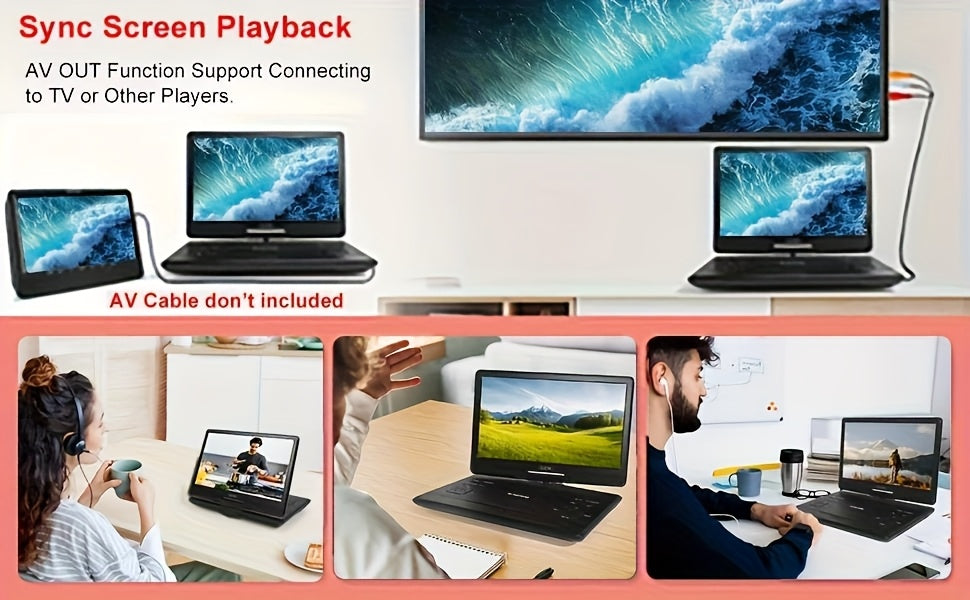 17" Portable DVD Player with 14.1" Large HD Screen, 6 Hours Rechargeable Battery, Support USB/SD Card/Sync TV And Multiple Disc Formats, High Volume Speaker, Black