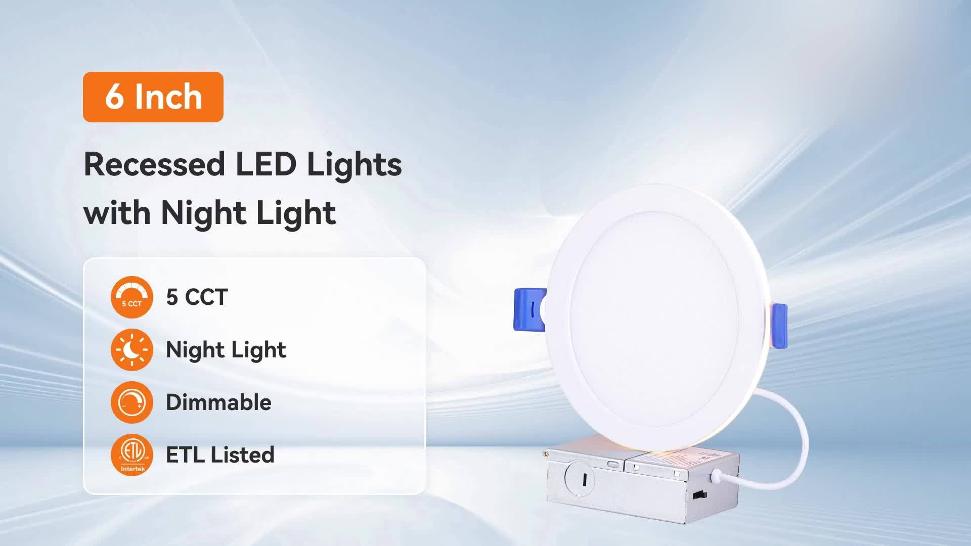 6-inch 5CCT LED Recessed Ceiling Light Junction Box, 2700K/3000K/3500K/4000K/5000K Options, 1050LM Brightness, Dimmable Slotless Crystal Cylinder Light, 12W-ETL&FCC