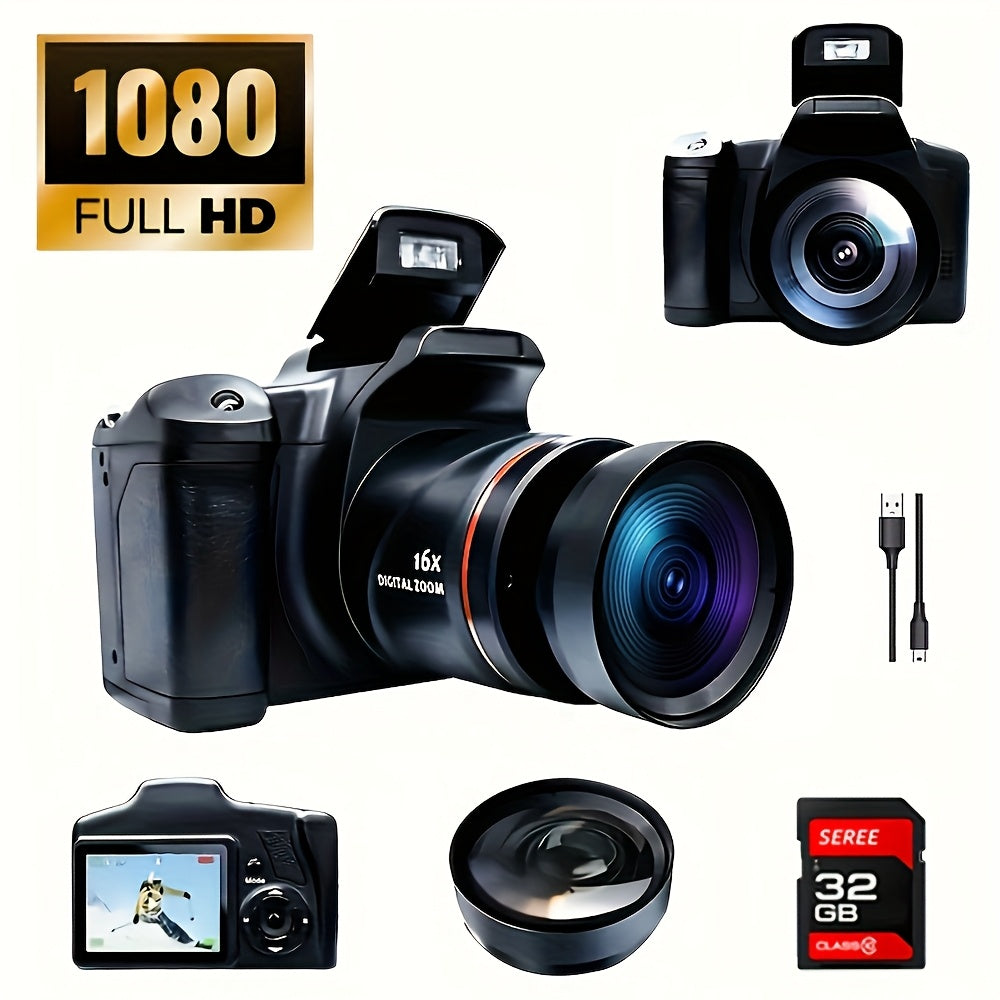 Digital Camera Photography with 2.4-inch LCD Screen, 16x Digital Zoom 1080P Mini Camera Vlog Camera with 9.88mm Wide-angle Lens Cool Stuff Travel Essentials Gift, Body Camera Compact Travel Camera, Vlogging Camera, Complimentary 32G Memory Card And