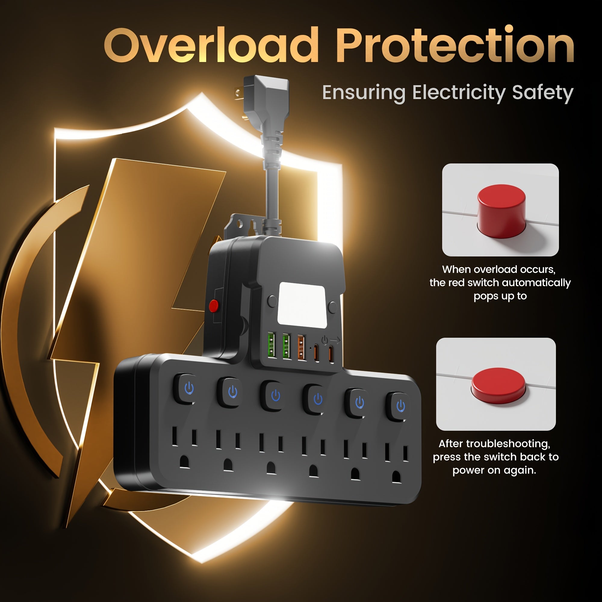 Multi-Functional Socket, USB Wall Charger, Surge Protector, 6-Outlet Power Strip with 5 USB Charging Ports (2 USB-C) And Night Light, Adapter for Home, Travel And Office Use