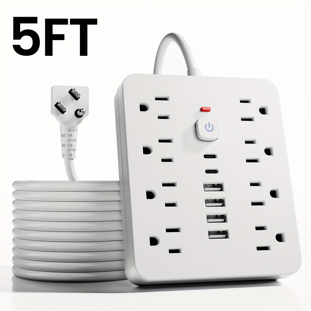 14-in-1 Power Strip with Surge Protector - 8 AC Outlets And 6 USB Ports (2 USB-C)|Flat Plug, Space-saving Design, Wall-mountable Multi-function Power Extension Cord, Overload Protection for Home, School And Office. Available In 5ft Or 10ft