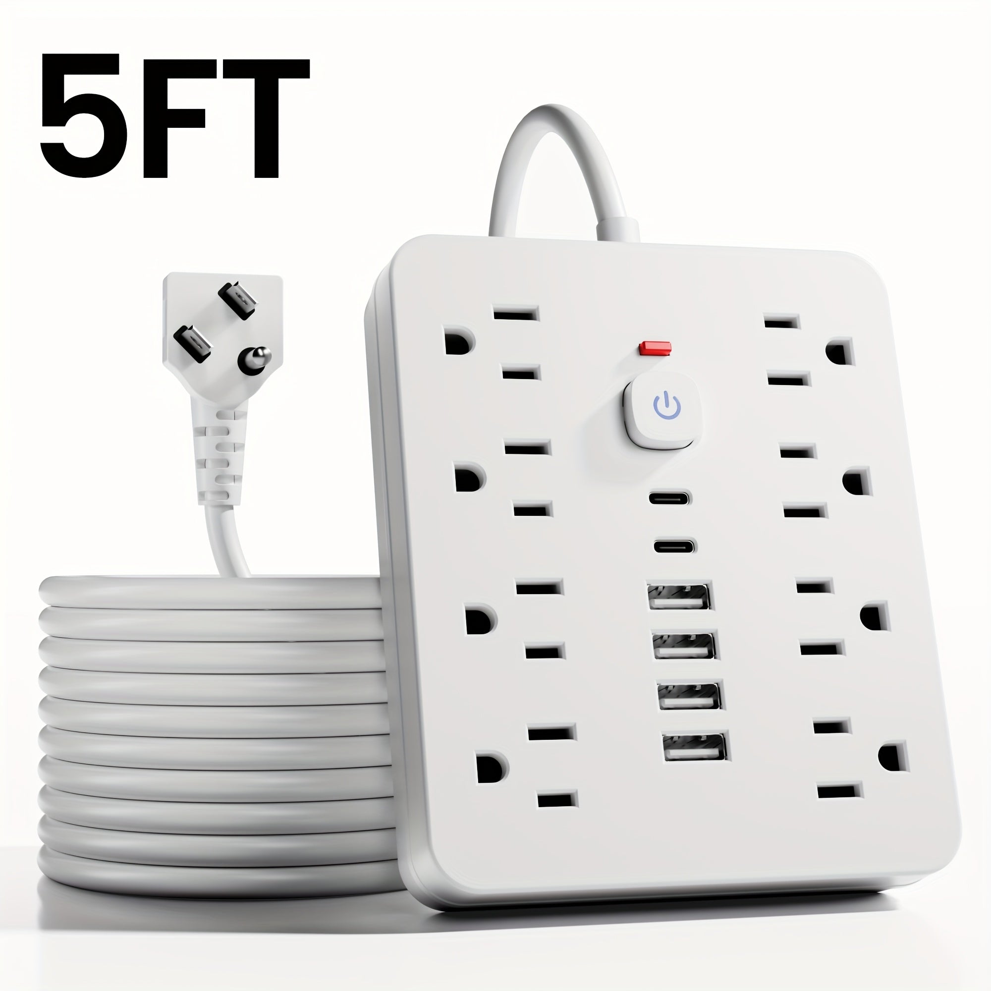14-in-1 Power Strip with Surge Protector - 8 AC Outlets And 6 USB Ports (2 USB-C)|Flat Plug, Space-saving Design, Wall-mountable Multi-function Power Extension Cord, Overload Protection for Home, School And Office. Available In 5ft Or 10ft
