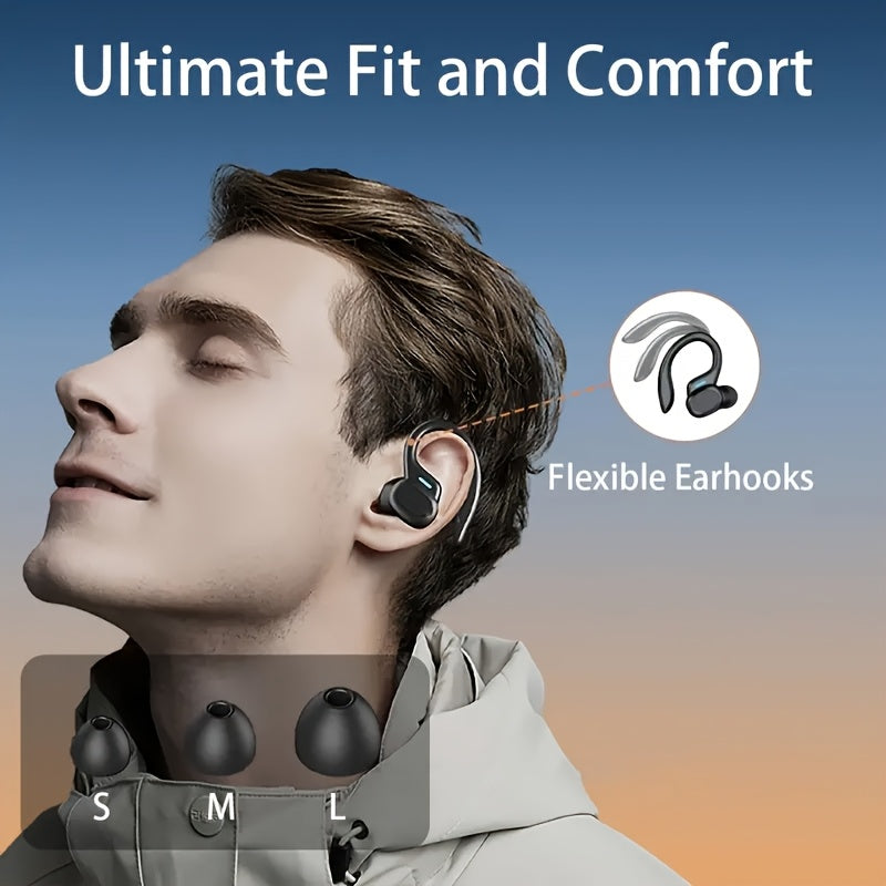Completely Wireless Earbuds Featuring ENC Noise Cancellation, Touch Controls, Wireless Sports Earhooks, And an LED Display Charging Case. They Are Compatible with Mobile Phones, Support Type-C Charging