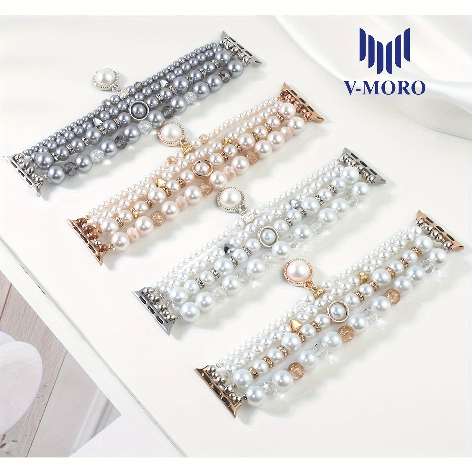 V-MORO Compatible for Apple Watch Pearl Bracelet Compatible with Series 11/10/9/8/7/6/5/4/3/2/1 & SE Smartwatch, Bling Strap Jewelry, Cute Elegant Pearls for / (Compatible with iWatch Series)