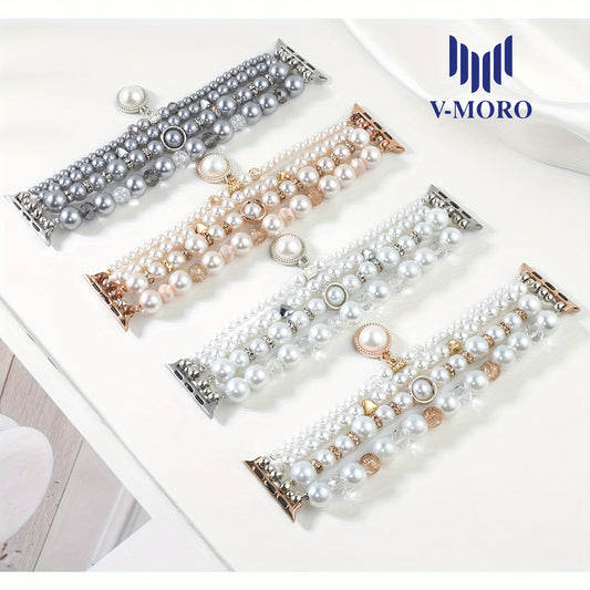 V-MORO Compatible for Apple Watch Pearl Bracelet Compatible with Series 11/10/9/8/7/6/5/4/3/2/1 & SE Smartwatch, Bling Strap Jewelry, Cute Elegant Pearls for / (Compatible with iWatch Series)