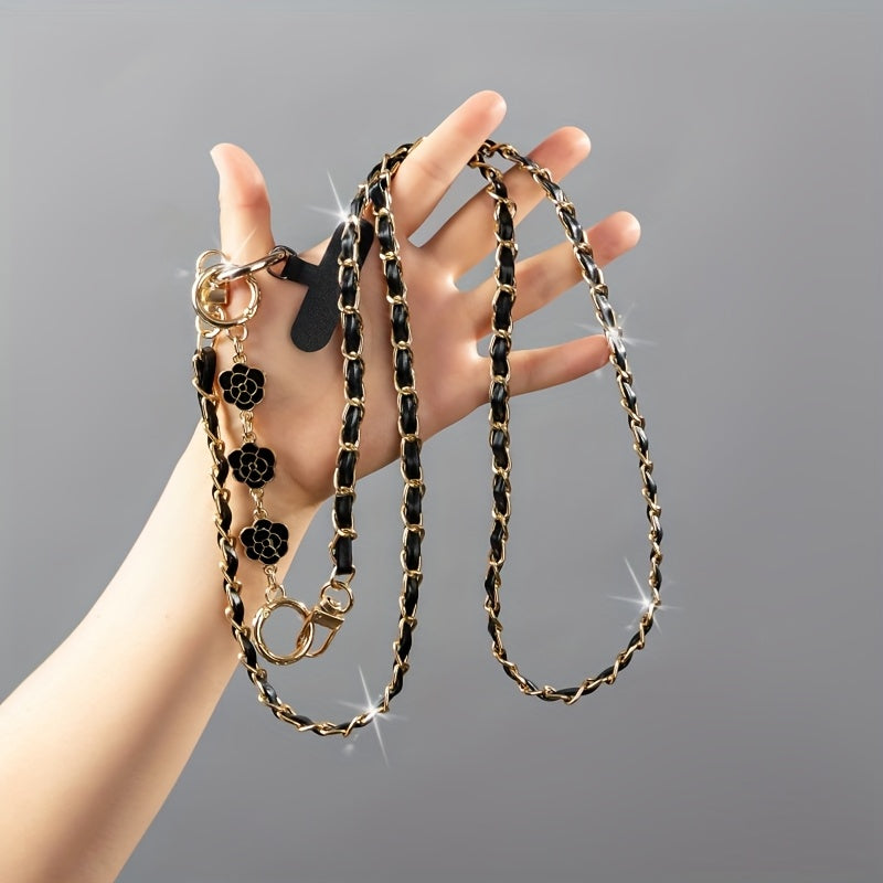Long Crossbody Pearl Camellia Phone Strap with Metal Pearl Charm And Chain.